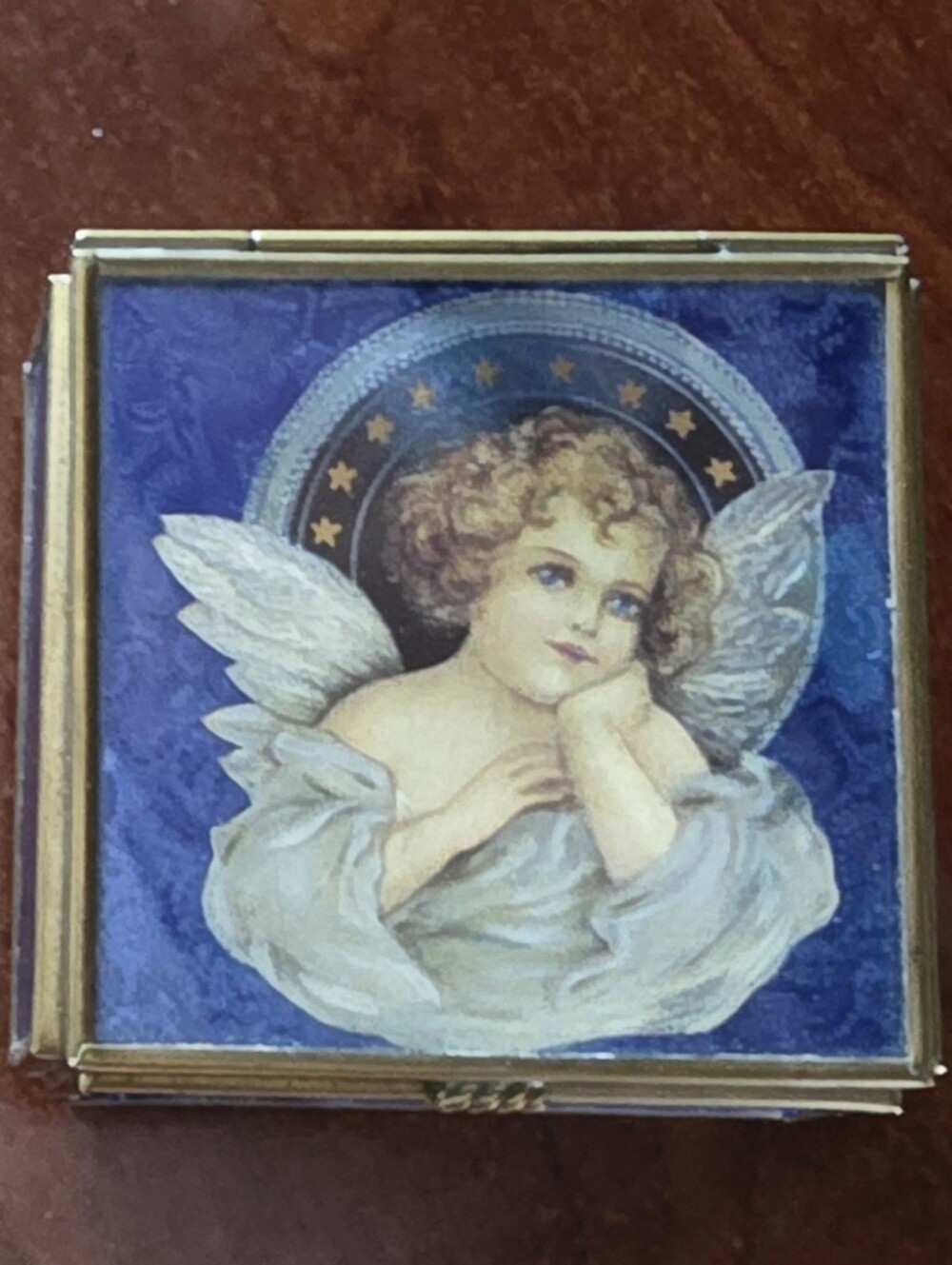 Vintage 1993 Blue Enesco Foil Art Angel Trinket Box Thomas Cathey Collection